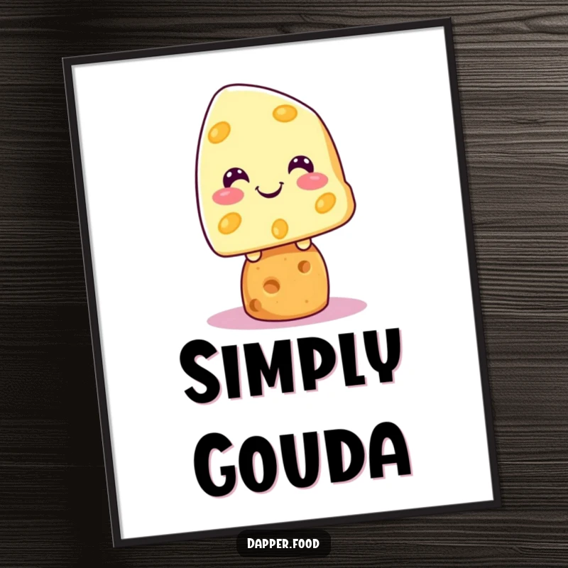 Funny Kawaii cheese character grinning while balanced on a cracker, rendered as a downloadable digital art print.