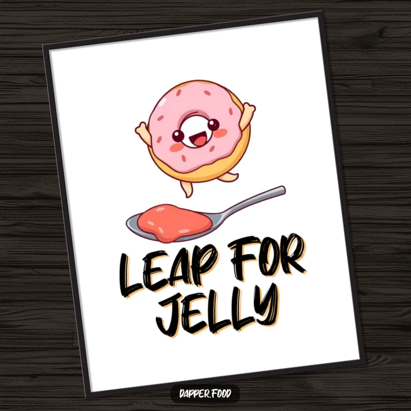Funny Kawaii donut character joyfully leaping over a spoonful of jam, a humorous digital art print for home decor.