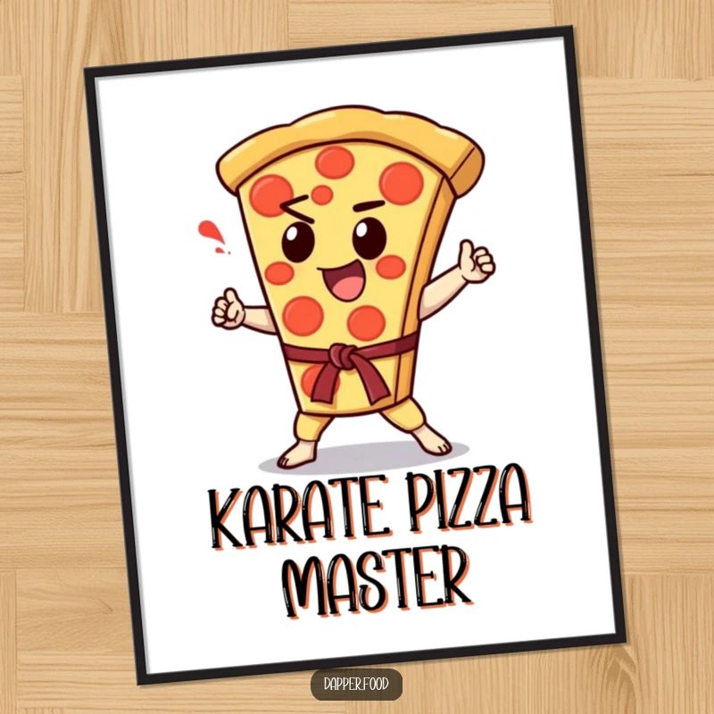 Funny Kawaii pizza slice character performing an enthusiastic karate chop, rendered as a downloadable digital art print.