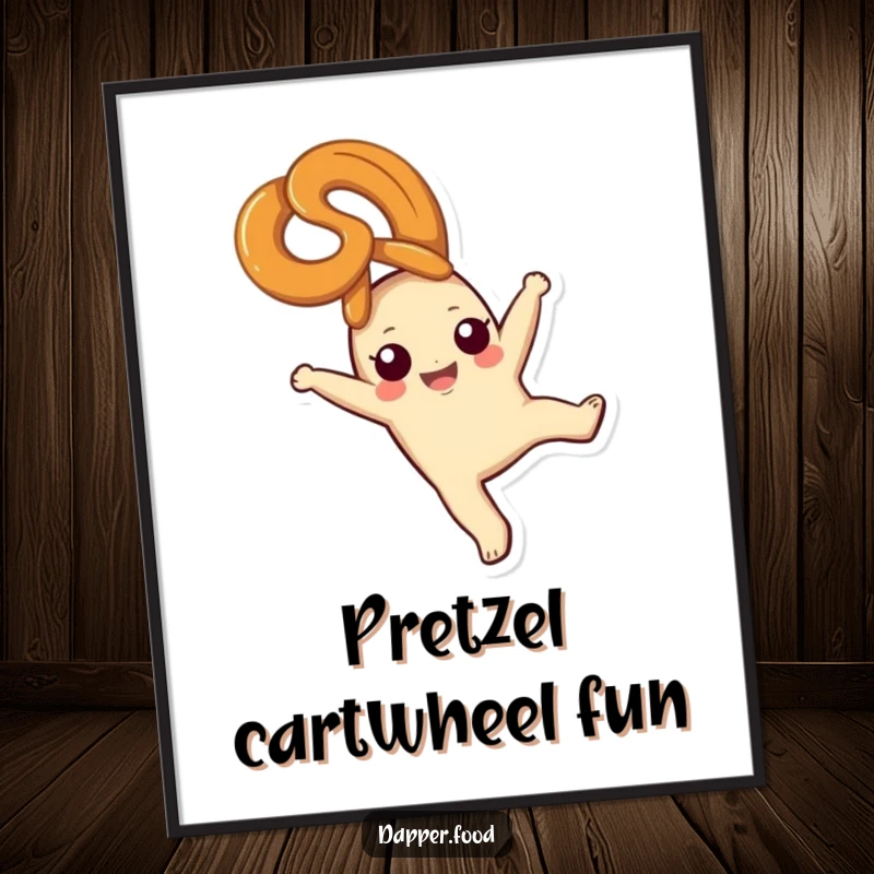 Funny pretzel digital art print, a blissful snack character cartwheeling, high-resolution humorous artwork, perfect funny gift.