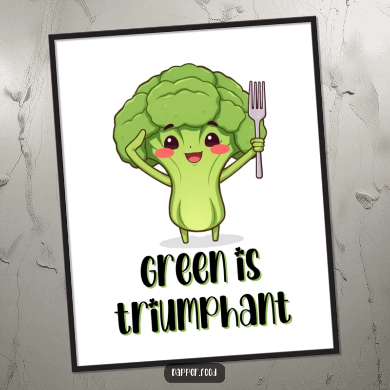 Funny digital art print of a proud broccoli floret character with arms, saluting with a tiny fork, for instant decor.