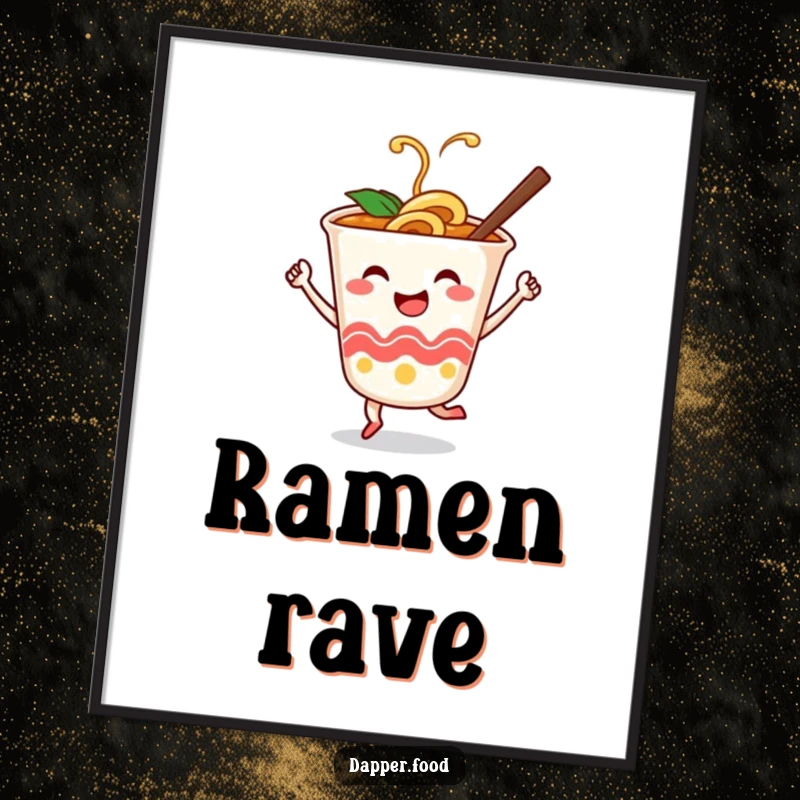 Funny digital art print of a smiling ramen cup character dancing with chopsticks, instant wall décor.