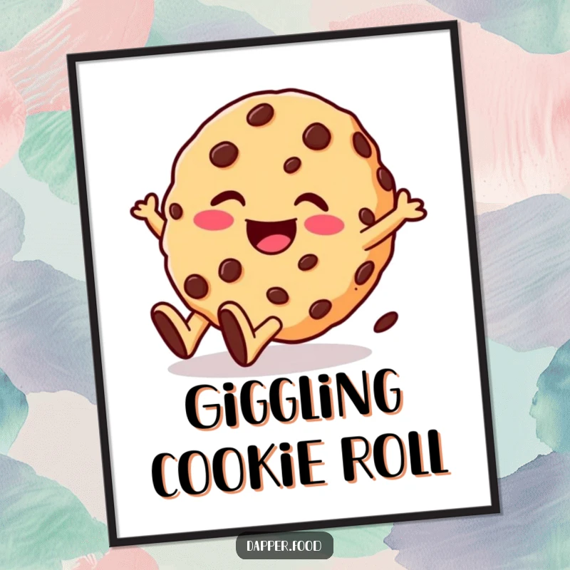 Funny digital art print of a giggling cookie character with chocolate chips rolling downhill with glee. Brings instant joy and humor.