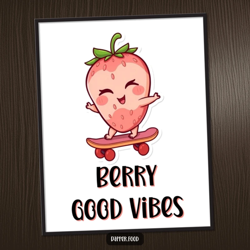 Funny strawberry digital art print of a winking strawberry character riding a tiny skateboard, perfect for instant wall decor.
