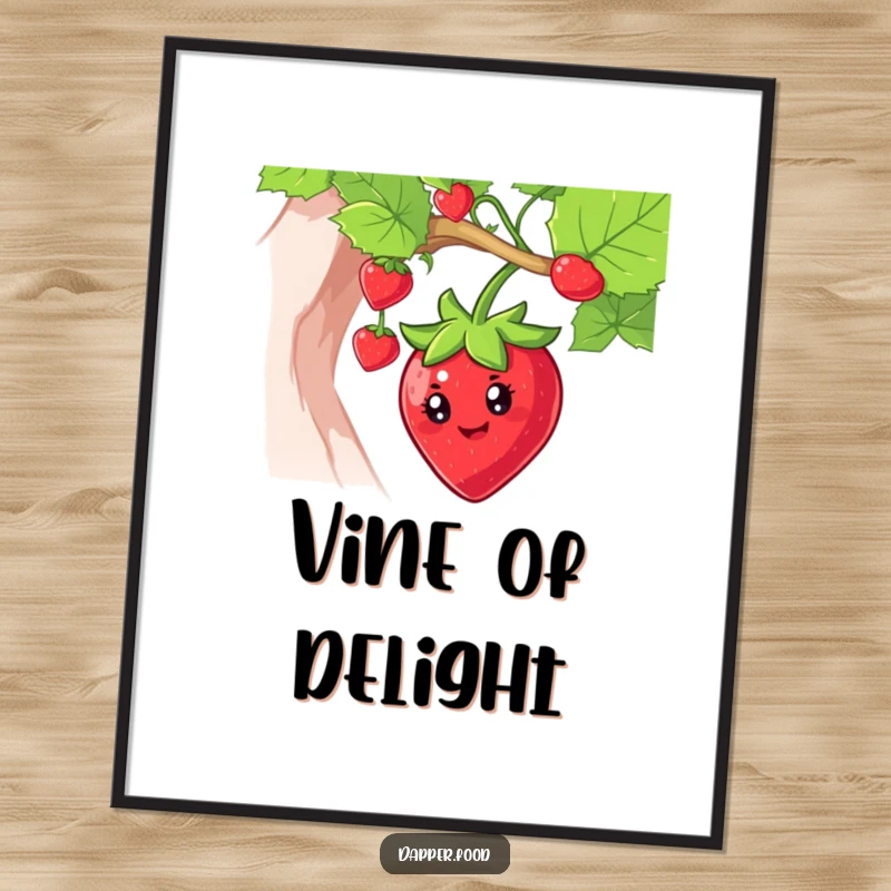 Funny strawberry digital art print of a smiling character swinging from a vine, conveying joy and fruity charm.