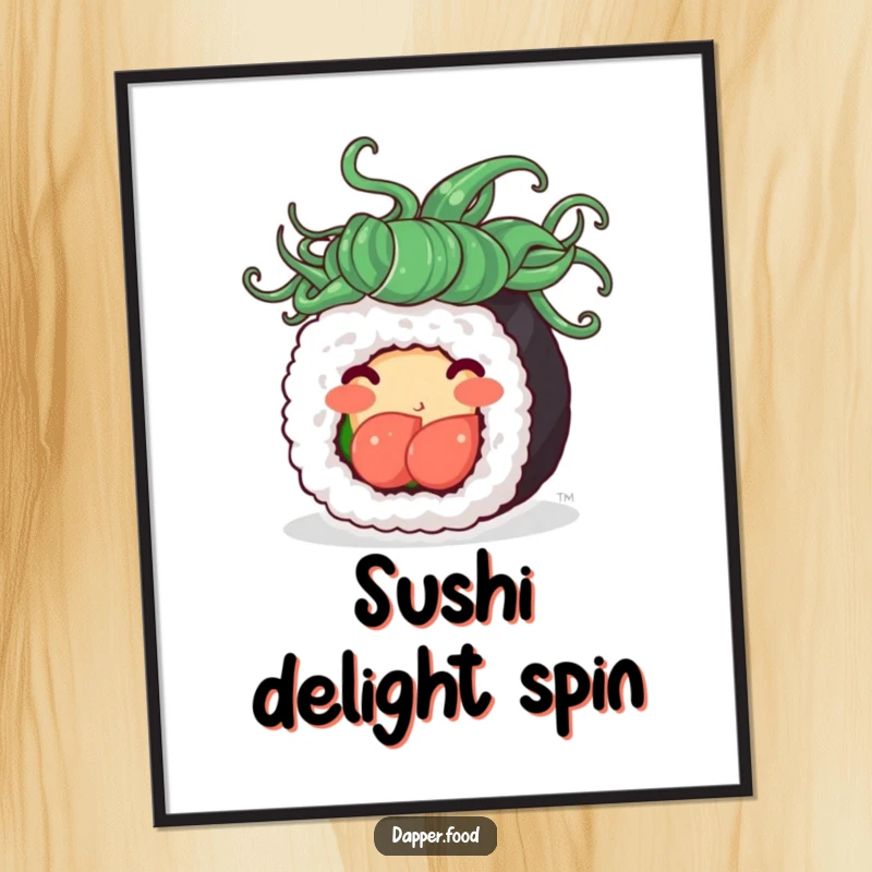 Funny digital art of a cute sushi roll with flowing seaweed hair, happily spinning, ready to bring playful charm anywhere.
