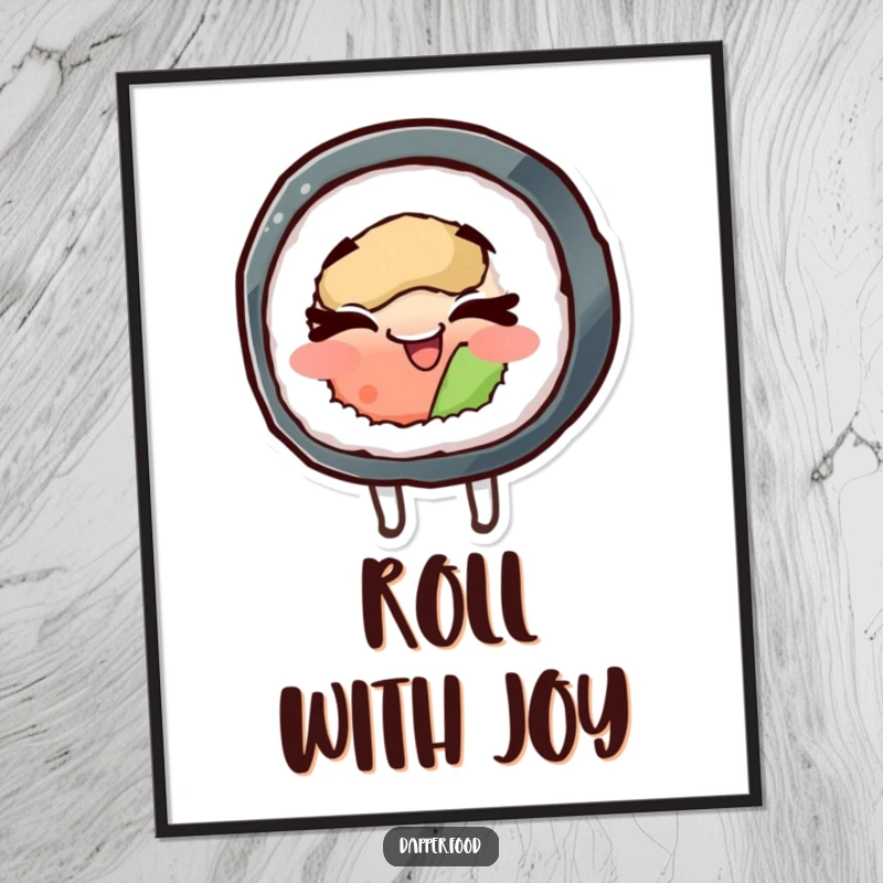 Funny digital art print of a happy sushi roll character spinning with its eyes closed, perfect for cheerful wall decor.