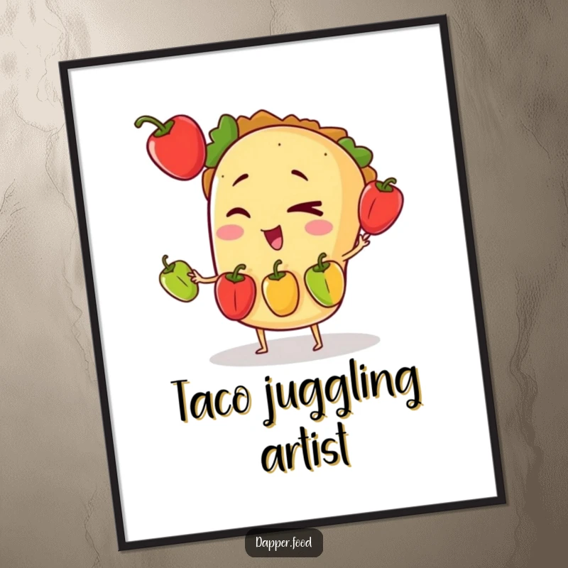 Funny digital art print of a winking taco character skillfully juggling three tiny bell peppers, radiating fiesta energy.