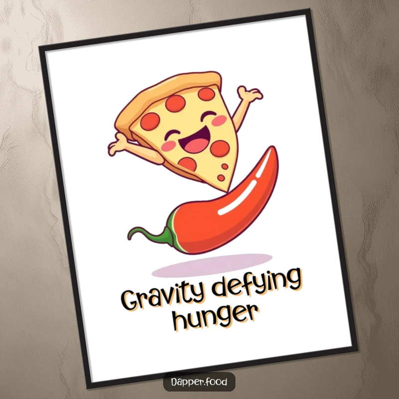 Funny digital art print of a pizza slice performing a dramatic leap over a chili pepper, vibrant and humorous.