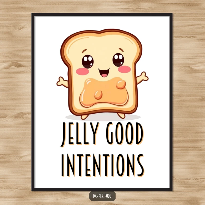 Funny Digital Art Print: A delighted piece of toast with eager eyes jumps high for a jelly jar, a whimsical breakfast scene.