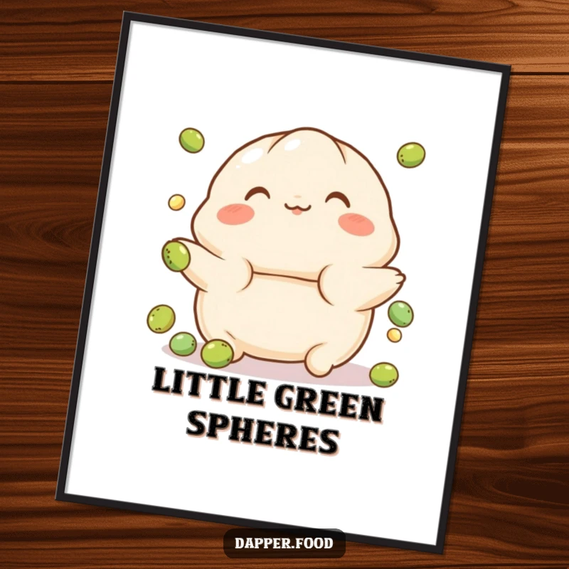 Funny digital art print of a playful, rosy-cheeked dumpling character juggling small peas, ideal for humorous decor.