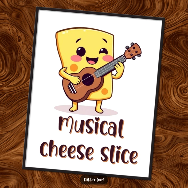 Funny Cheese Ukulele Digital Art Print: A smiling cheese slice playing a miniature ukulele, perfect for musical decor and a funny gift.