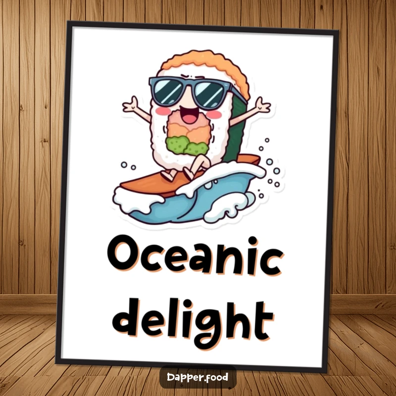 Funny Digital Art Print of a cheerful sushi roll character wearing tiny sunglasses, enthusiastically riding a small wave.