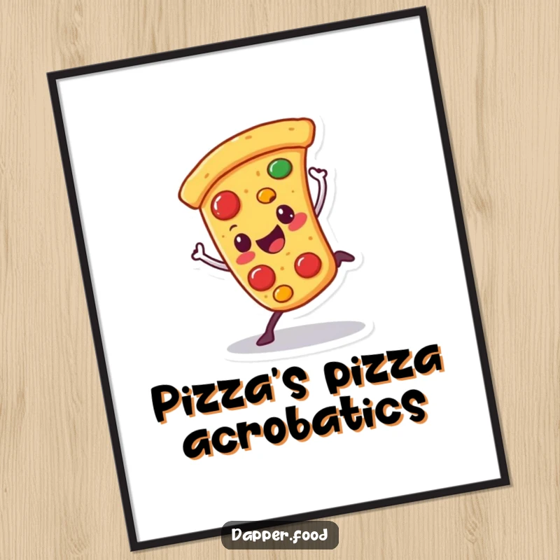 Funny digital art print of a happy pizza character doing a cartwheel with wobbling toppings, perfect for humorous decor.