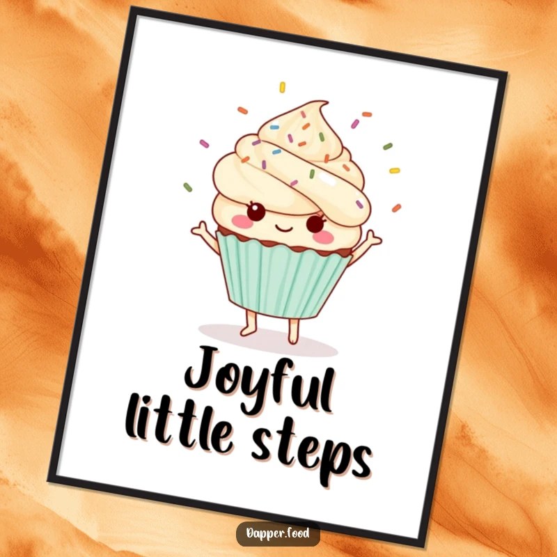 Funny Kawaii cupcake digital art print of a cute character dancing with sprinkles flying.