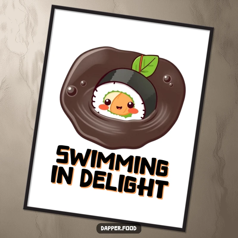 Funny Kawaii sushi digital art print of a cute sushi roll character joyfully swimming in soy sauce.