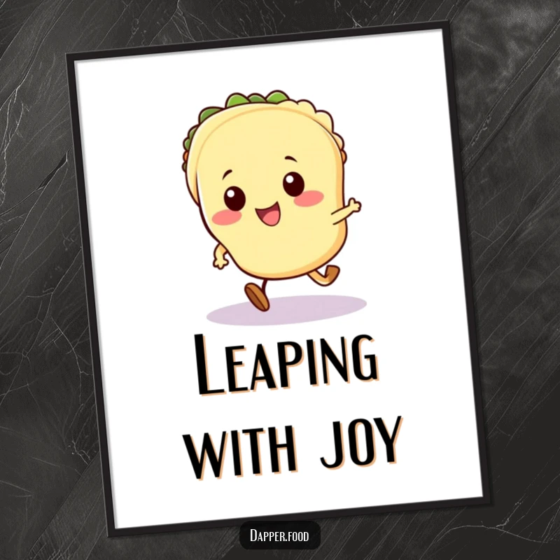 Funny Kawaii taco digital art print of a cute taco character with small legs in an exuberant running pose.