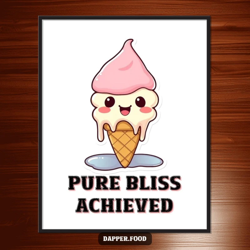 Funny Kawaii ice cream digital art print of a cute cone character melting happily.