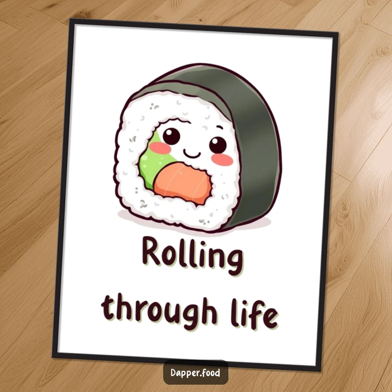 Funny Sushi Roll Digital Art Print: A smiling sushi character rolling joyfully, offering humorous and appealing wall art.