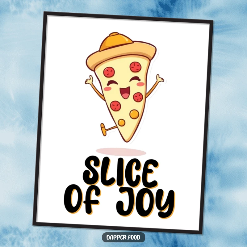 Funny digital art print of a pizza slice character winking and giving a thumbs up, perfect for cheesy wall decor.