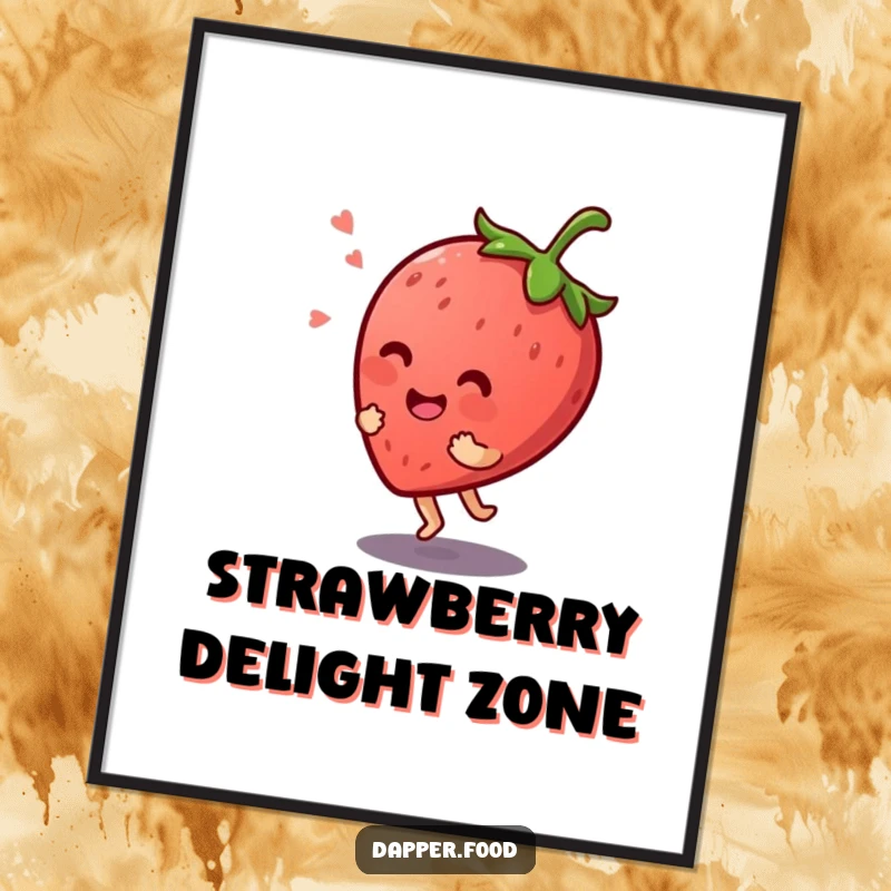 Funny Kawaii strawberry character giggling while bouncing on its stem, rendered as a downloadable digital art print.