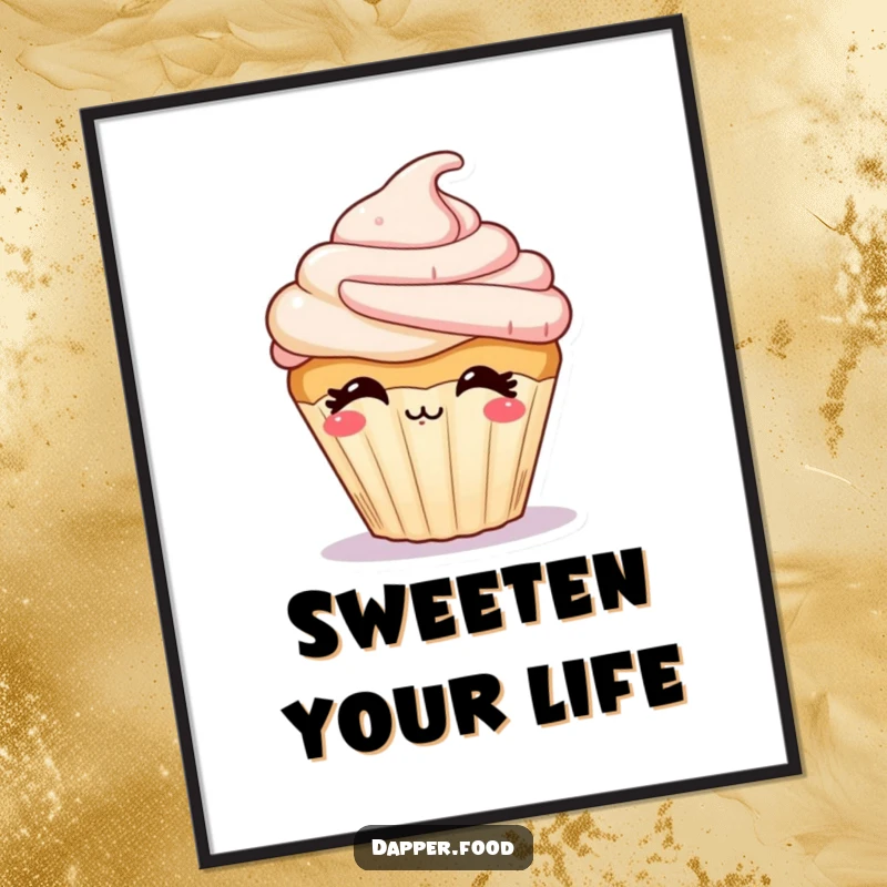 Funny digital art print of a giggling cupcake with frosting blowing a kiss, perfect for sweet wall decor.
