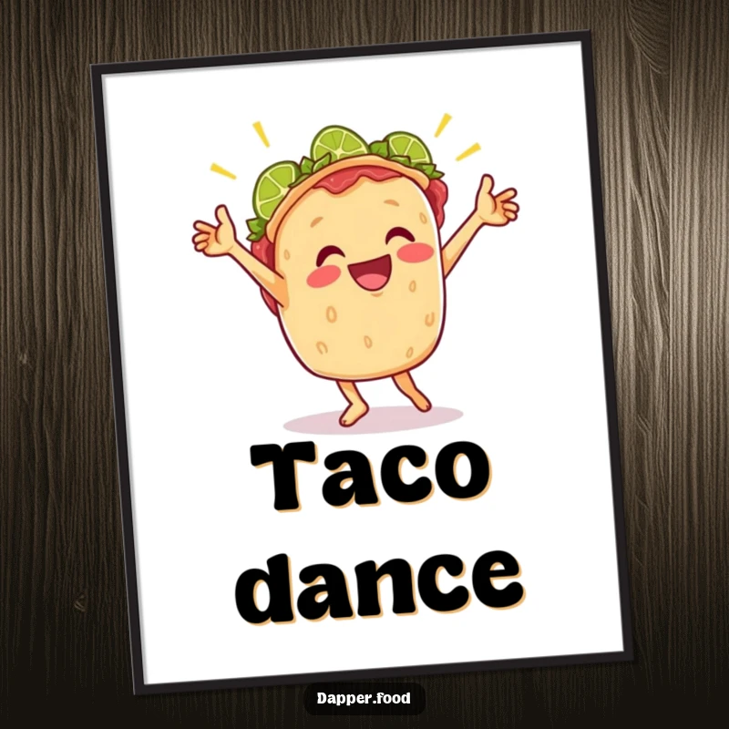 Funny digital art print of a cheerful taco doing an energetic victory dance with lime wedges, radiating fiesta spirit.