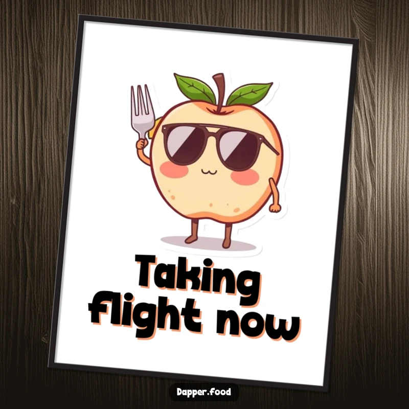 Funny digital art print of a blushing apple character with legs and wings, comically attempting flight with a ribbon, for instant decor.