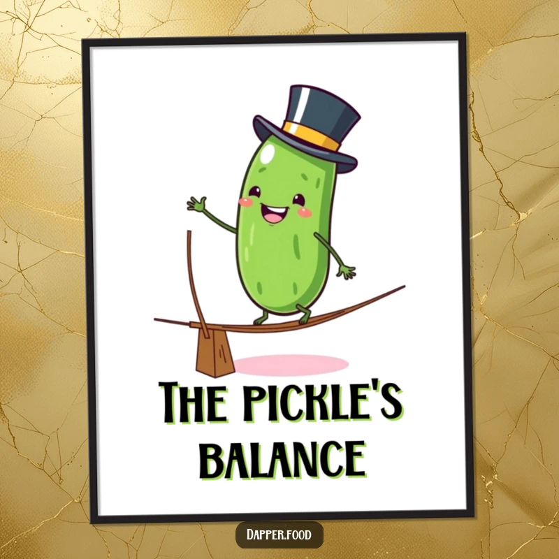 Funny Digital Art Print: Grinning anthropomorphic pickle character in a top hat wobbles on a tightrope, humorous artwork, downloadable for immediate display.