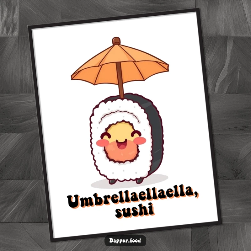 Funny Digital Art Print of a happy sushi roll joyfully balancing a tiny umbrella, spreading cheer.
