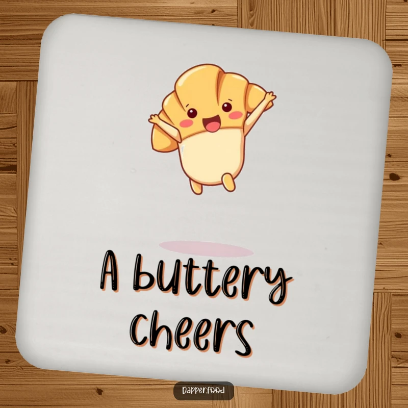 Funny Kawaii croissant character doing a cartwheel in mid-air, presented on a round drink coaster.