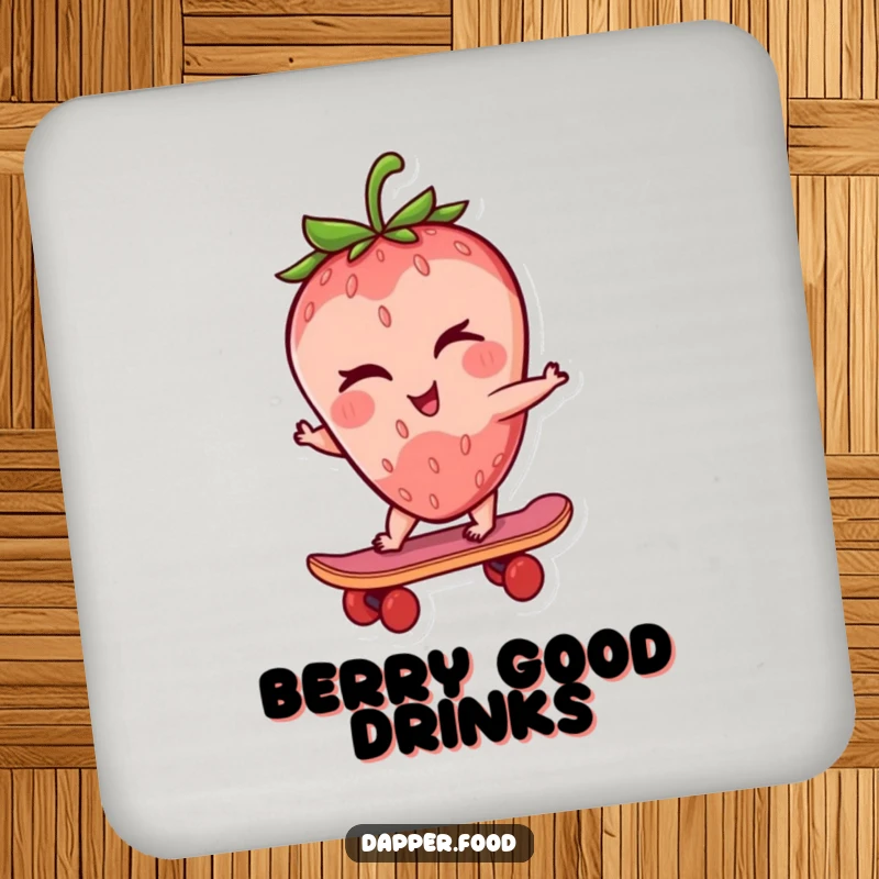 Funny strawberry drink coasters with a winking strawberry character riding a tiny skateboard, adding cool humor to beverage service.