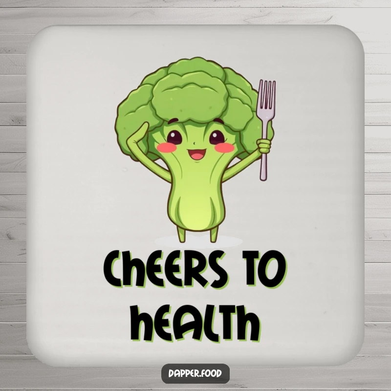 Funny drink coaster showing a proud broccoli floret character with arms, saluting with a tiny fork, for surface protection.