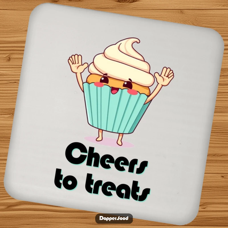 Funny Drink Coasters featuring a giggling cupcake character giving a giant high-five with tiny arms.