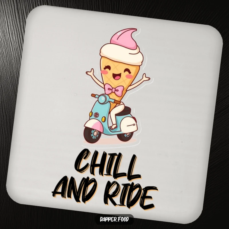 Funny drink coaster showing a happy ice cream cone character with arms and a bow, comically riding a scooter, protecting surfaces.