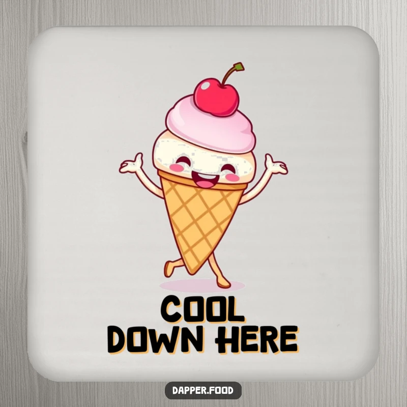 Funny ice cream cone jig coaster, showing a happy ice cream character dancing, perfect for drinks. A small but mighty funny gift.