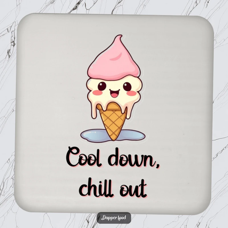 Funny Kawaii ice cream coaster featuring a cute cone character melting slightly from happiness.