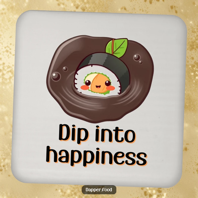Funny Kawaii sushi coaster featuring a cute sushi roll character happily swimming in a puddle of soy sauce.