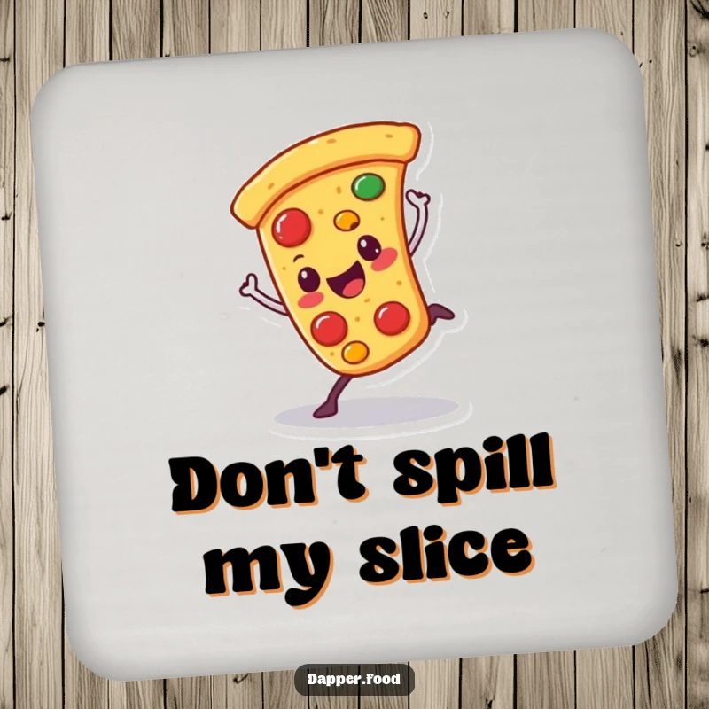 Funny drink coaster with a happy pizza character doing a cartwheel with wobbling toppings, protecting surfaces humorously.