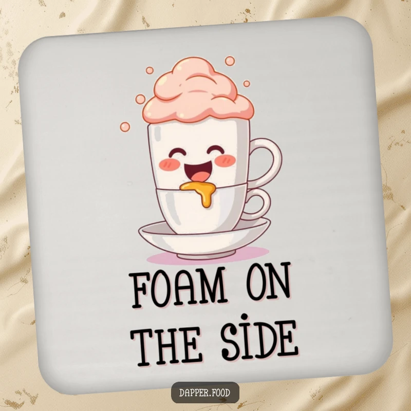 Funny Coaster: A cute anthropomorphic coffee mug character gleefully spills bubbly foam, a humorous and protective accessory for drink surfaces.