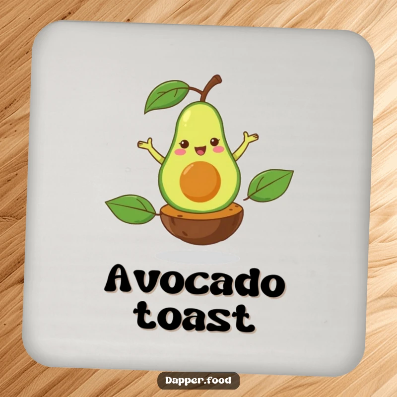 Funny drink coaster with a happy avocado performing a flamboyant pirouette on its pit, offering protection and style.