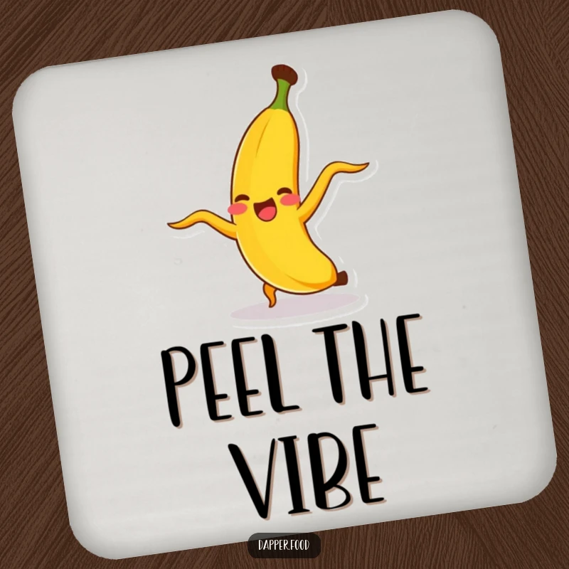 Funny banana character doing a cartwheel, peel flying, a humorous coaster to protect furniture.