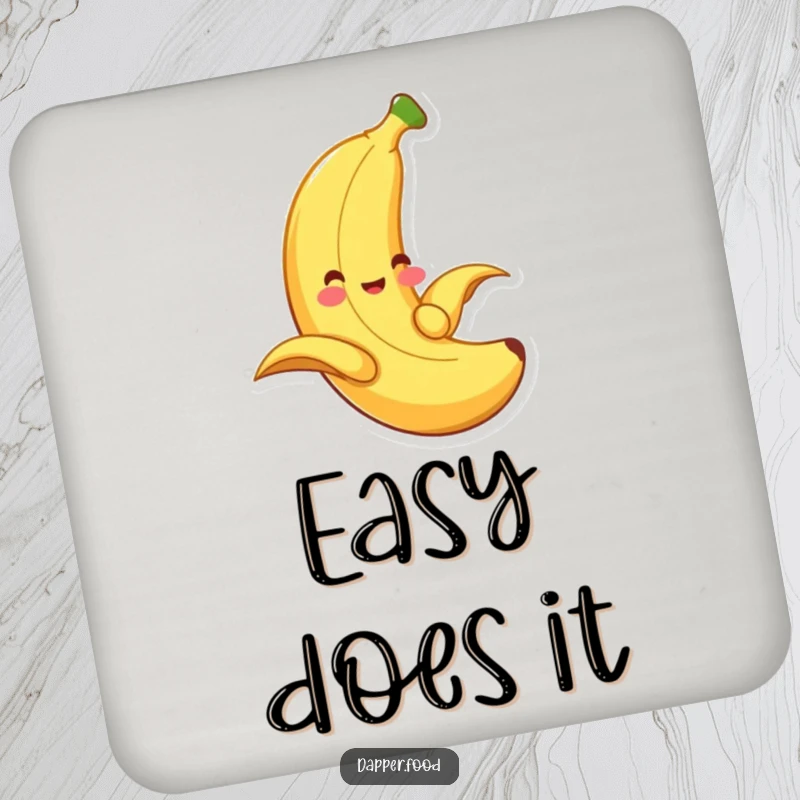 Funny banana coaster, a smiling fruit sliding down its peel, adding playful fruit humor to drinks.