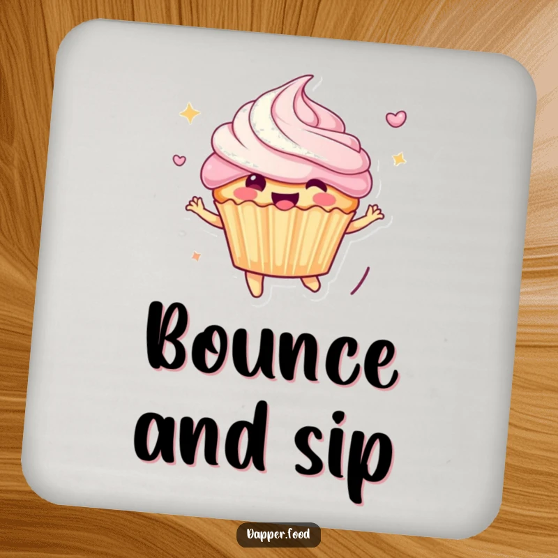 Funny Coaster: Cheerful anthropomorphic cupcake character bounces with frosting flying, a charming and protective accessory for drink surfaces.