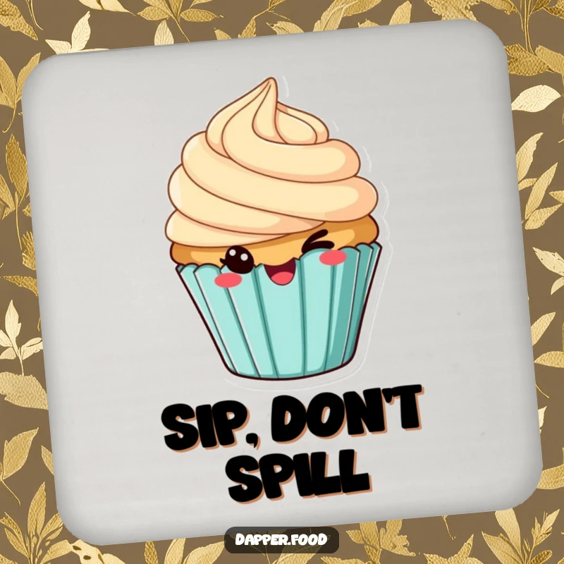 Funny coaster featuring a cheeky winking cupcake with tilted frosting, protecting drinks with sweet charm.