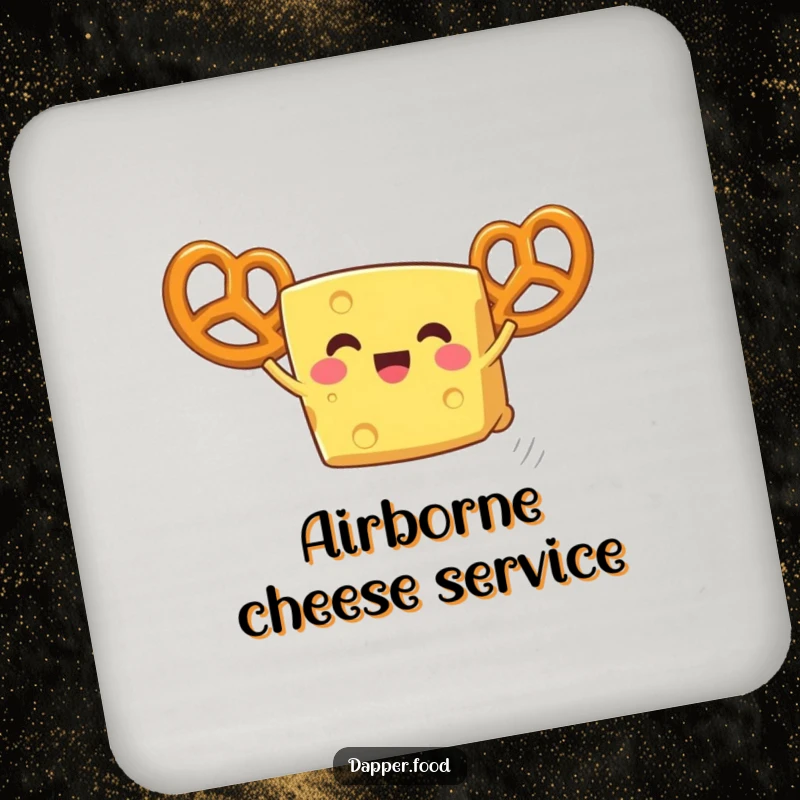 Funny cheese coaster, a delighted wedge using pretzel wings for flight, adding a touch of humor to drinks.