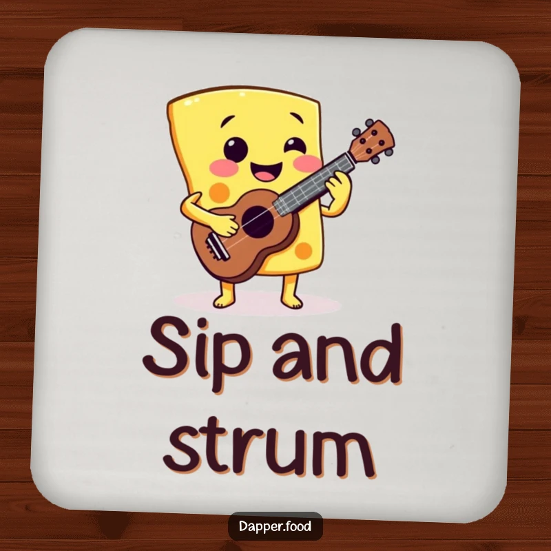 Funny Cheese Ukulele Drink Coaster: A smiling cheese slice playing a miniature ukulele, bringing musical humor and a great funny gift.