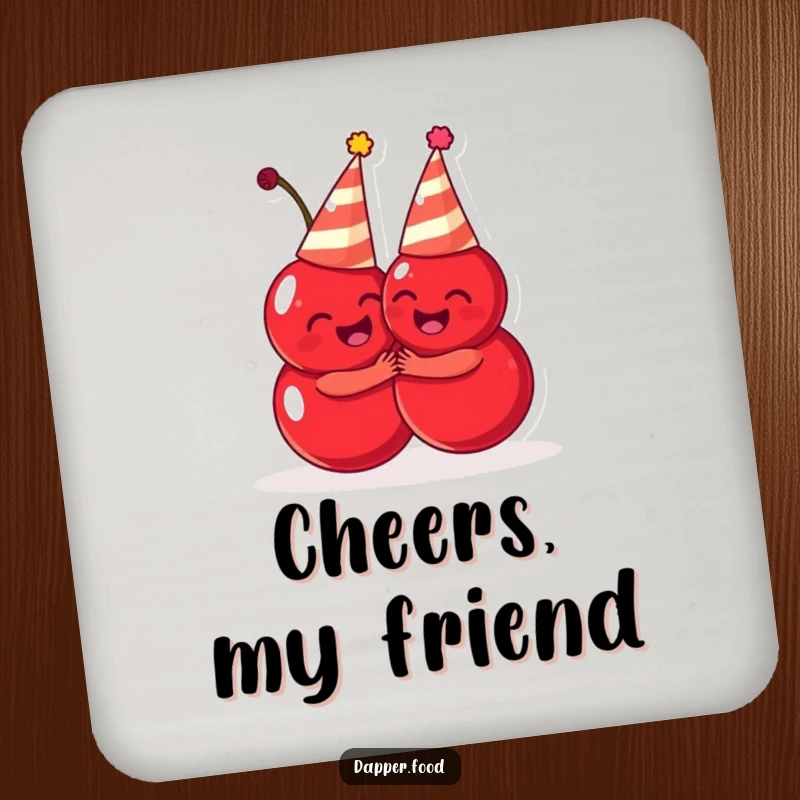 Funny cherries coaster, cute fruit characters in party hats hugging, protects surfaces with joy, ideal funny gift.