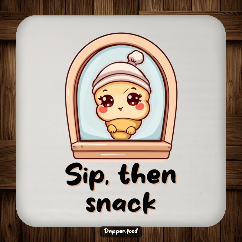 Funny drink coaster showing a curious croissant character with eyes and a tiny hat, peeking from a bakery window, for surface protection.