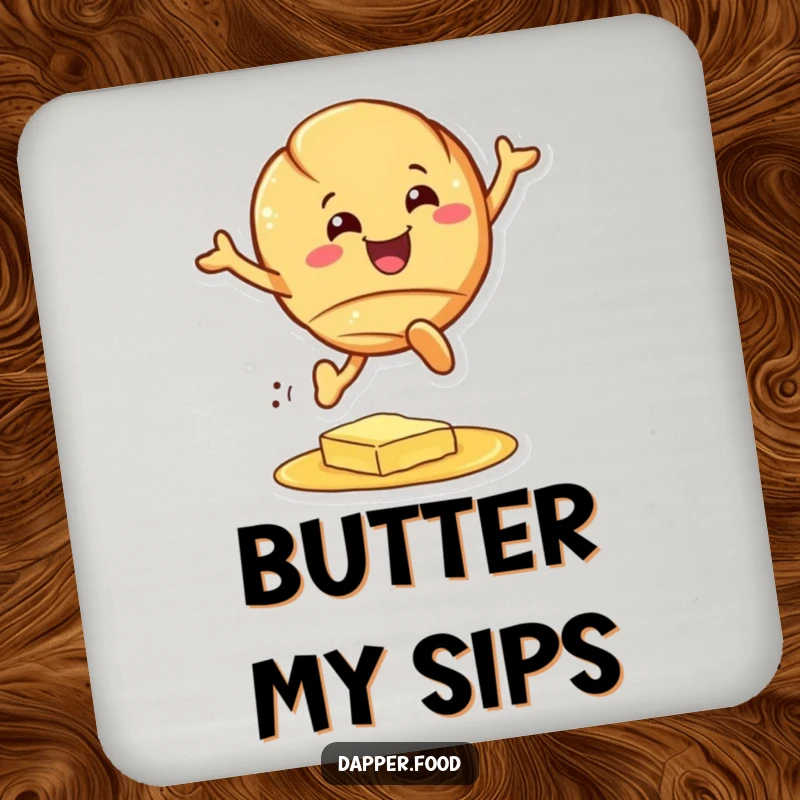 Funny croissant coaster, a happy pastry character leaping over butter, protects surfaces with humor, ideal funny gift.